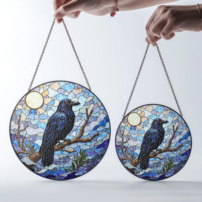 raven on branch in mosaic forest stained glass suncatcher gift for nature lovers