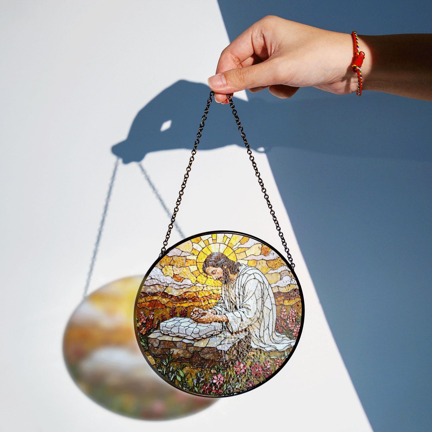 Jesus Praying Stained Glass Round Suncatcher Window Decor Gift for Christian Friend