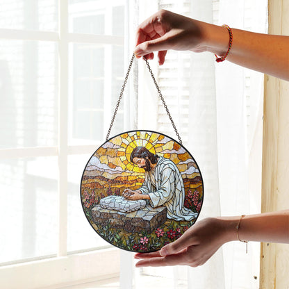 Jesus Praying Stained Glass Round Suncatcher Window Decor Gift for Christian Friend
