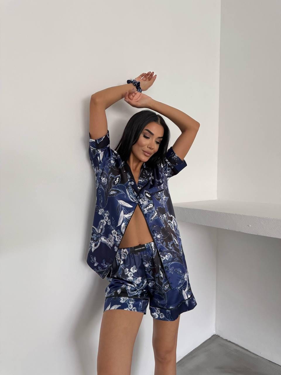 Navy Floral 3 Piece Satin Pajama Set for Women – Summer Sleepwear with Shorts, Shirt and Matching Scrunchie – Soft Loungewear Set