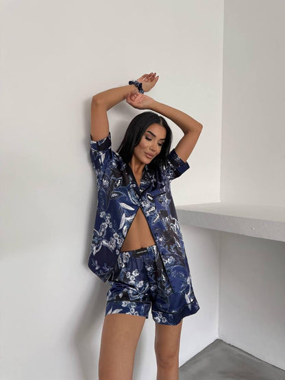 Navy Floral 3 Piece Satin Pajama Set for Women – Summer Sleepwear with Shorts, Shirt and Matching Scrunchie – Soft Loungewear Set