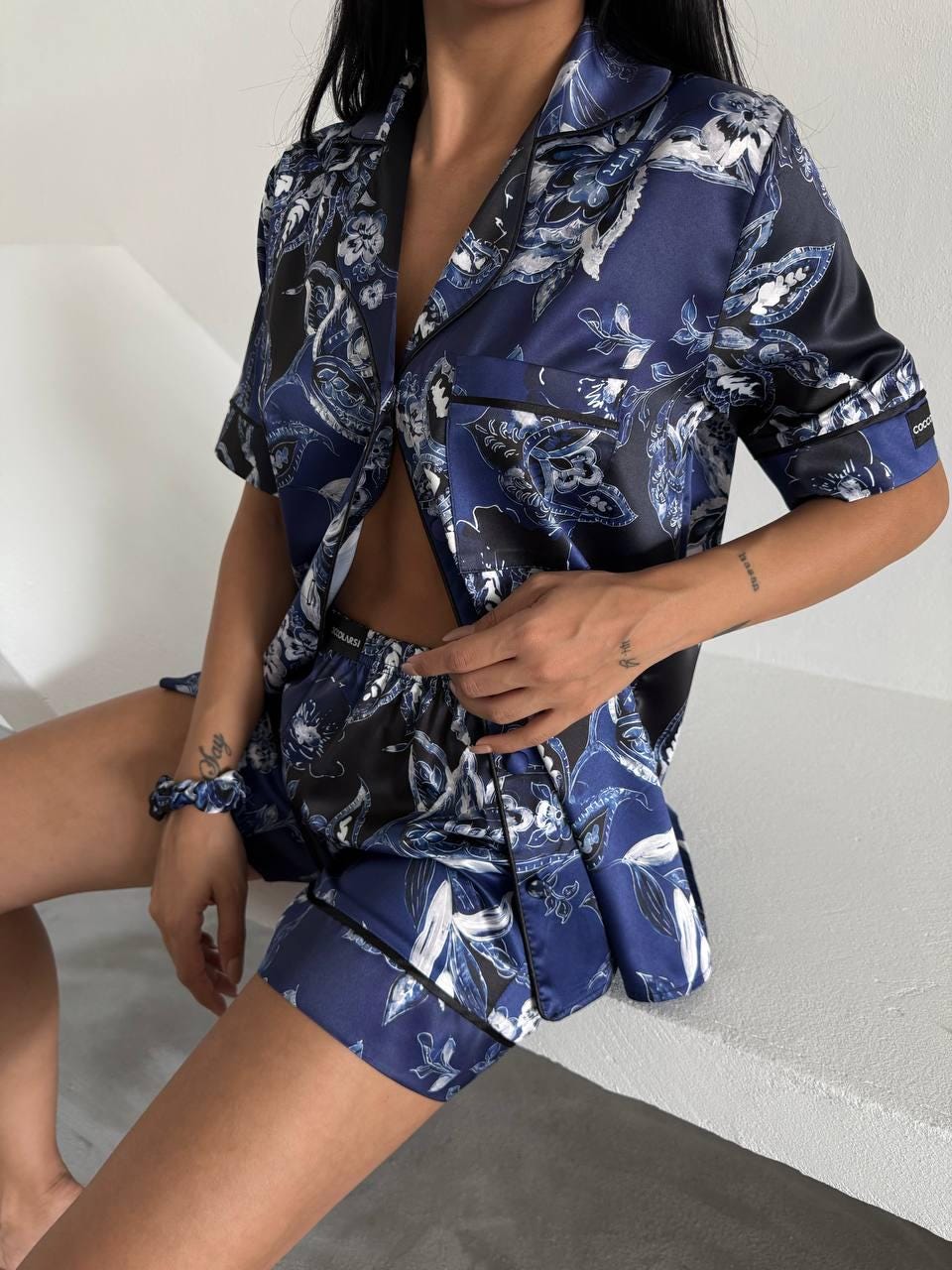 Navy Floral 3 Piece Satin Pajama Set for Women – Summer Sleepwear with Shorts, Shirt and Matching Scrunchie – Soft Loungewear Set
