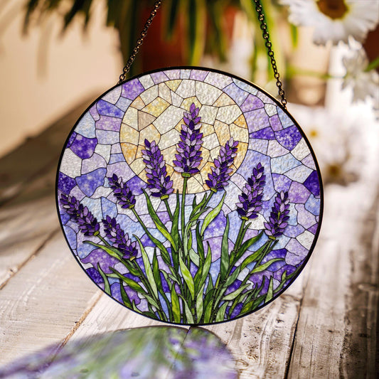 Lavender flower field glass suncatcher handmade window decor gift for garden lover