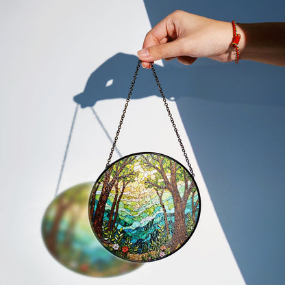 Forest trees and glowing light round window hanging stained glass suncatcher gift for nature lover