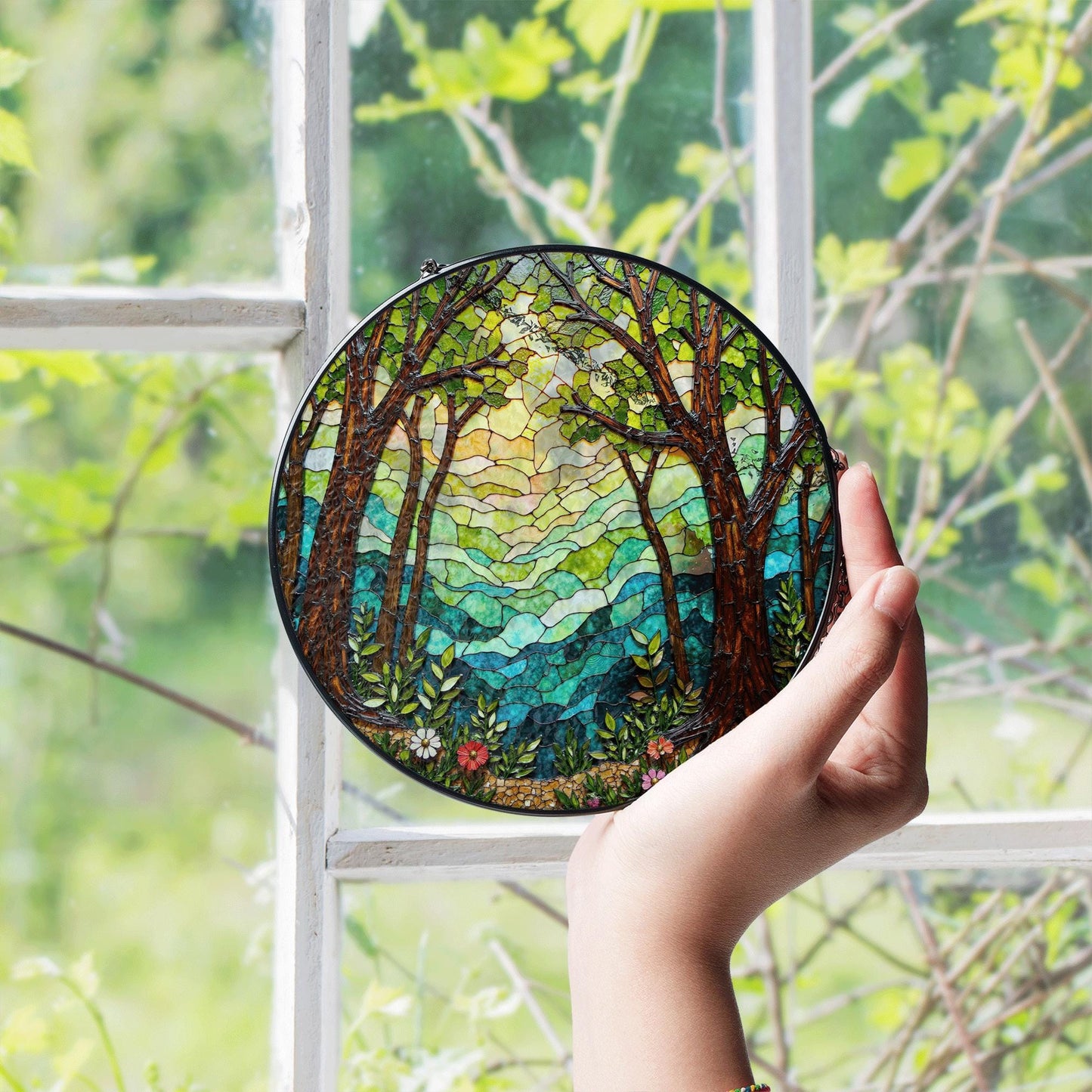 Forest trees and glowing light round window hanging stained glass suncatcher gift for nature lover