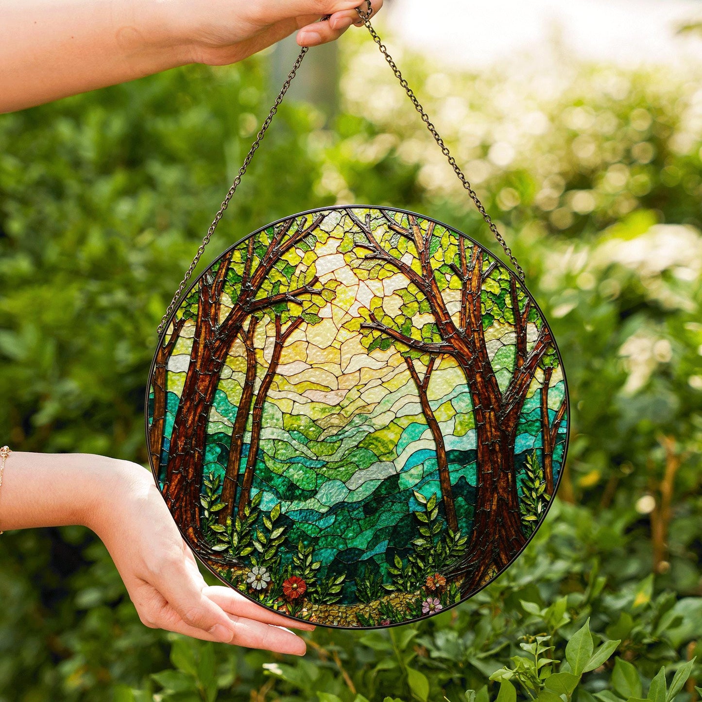 Forest trees and glowing light round window hanging stained glass suncatcher gift for nature lover
