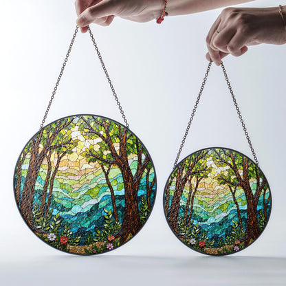 Forest trees and glowing light round window hanging stained glass suncatcher gift for nature lover