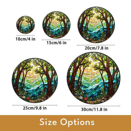 Forest trees and glowing light round window hanging stained glass suncatcher gift for nature lover