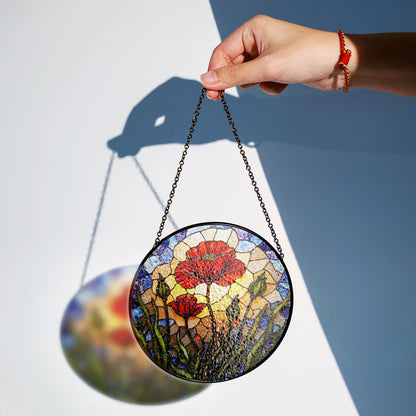 Vibrant red poppy flower field round suncatcher window decor gift for garden lovers