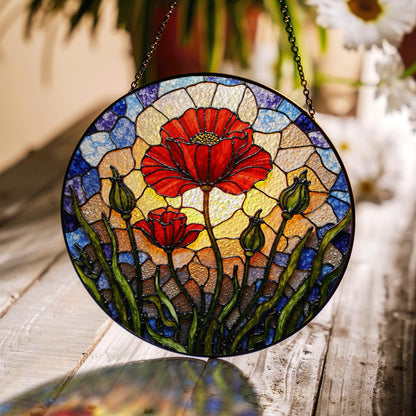 Vibrant red poppy flower field round suncatcher window decor gift for garden lovers