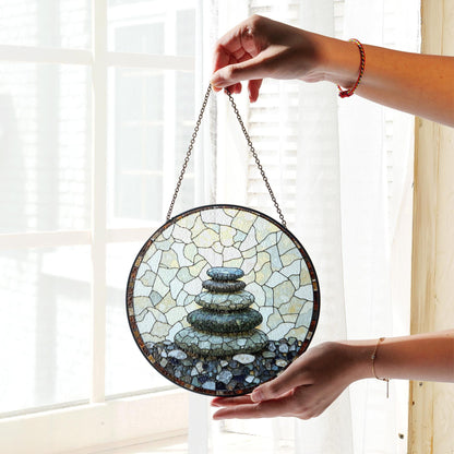 Zen rock stack art round suncatcher window hanging gift for him her