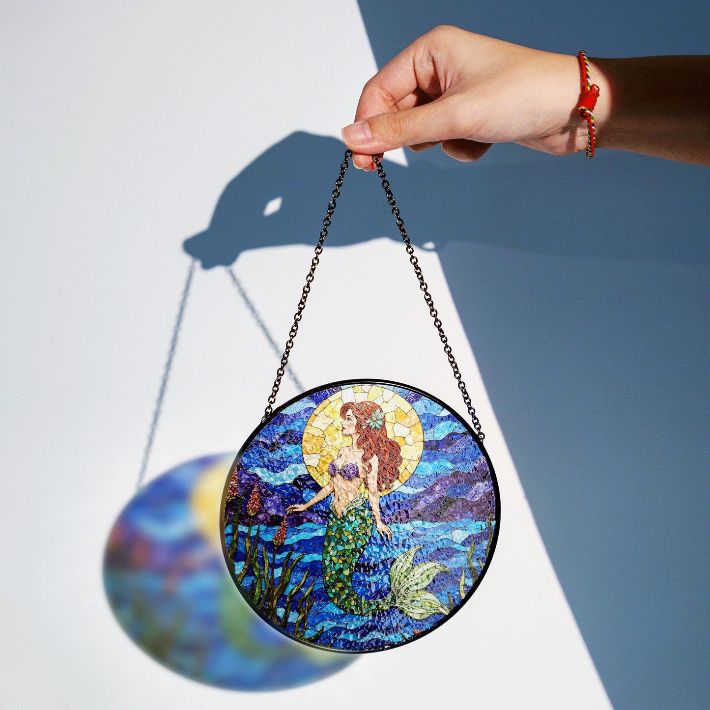 mermaid with red hair under sun in ocean waves stained glass suncatcher gift for sister