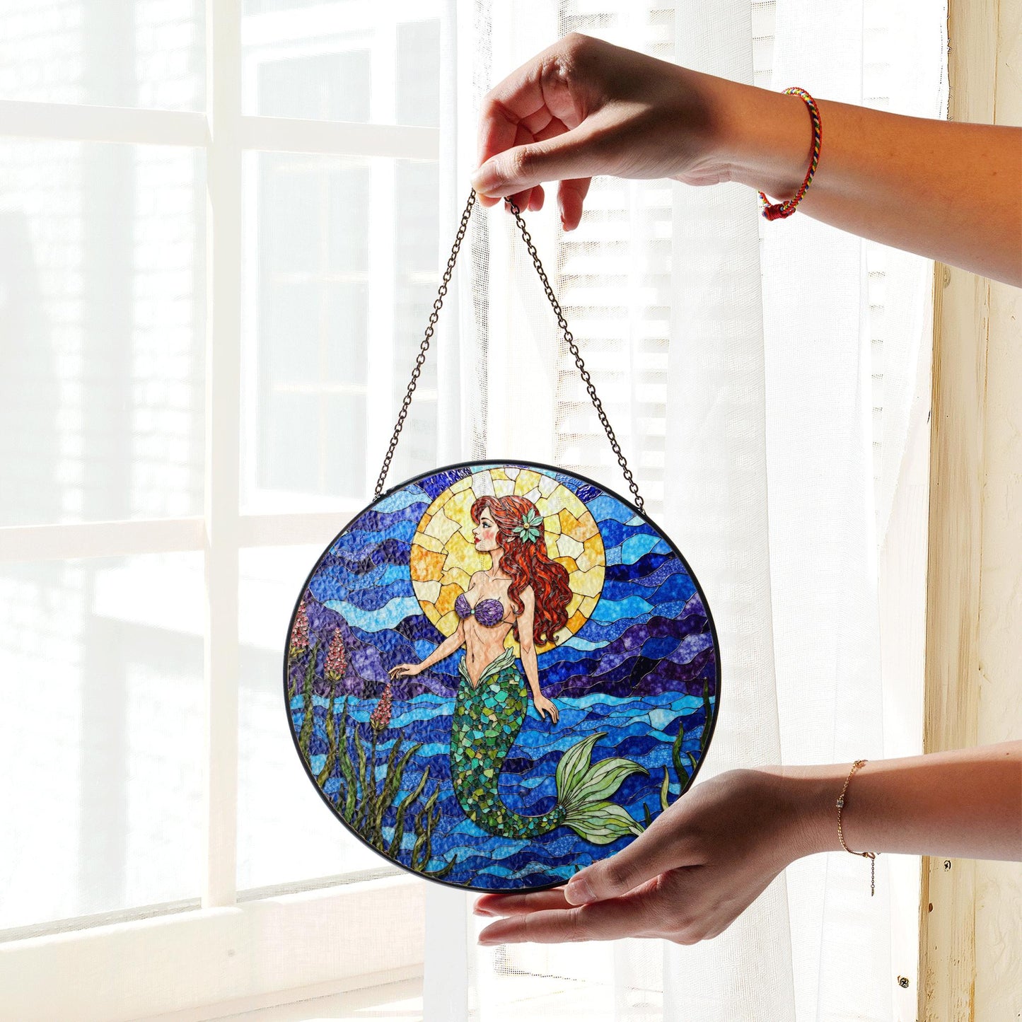 mermaid with red hair under sun in ocean waves stained glass suncatcher gift for sister