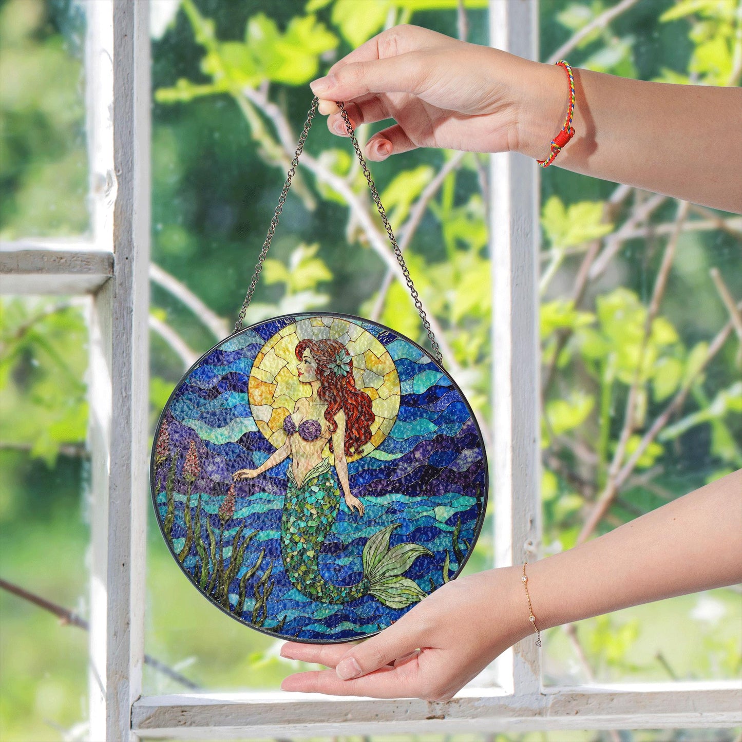 mermaid with red hair under sun in ocean waves stained glass suncatcher gift for sister