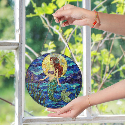 mermaid with red hair under sun in ocean waves stained glass suncatcher gift for sister