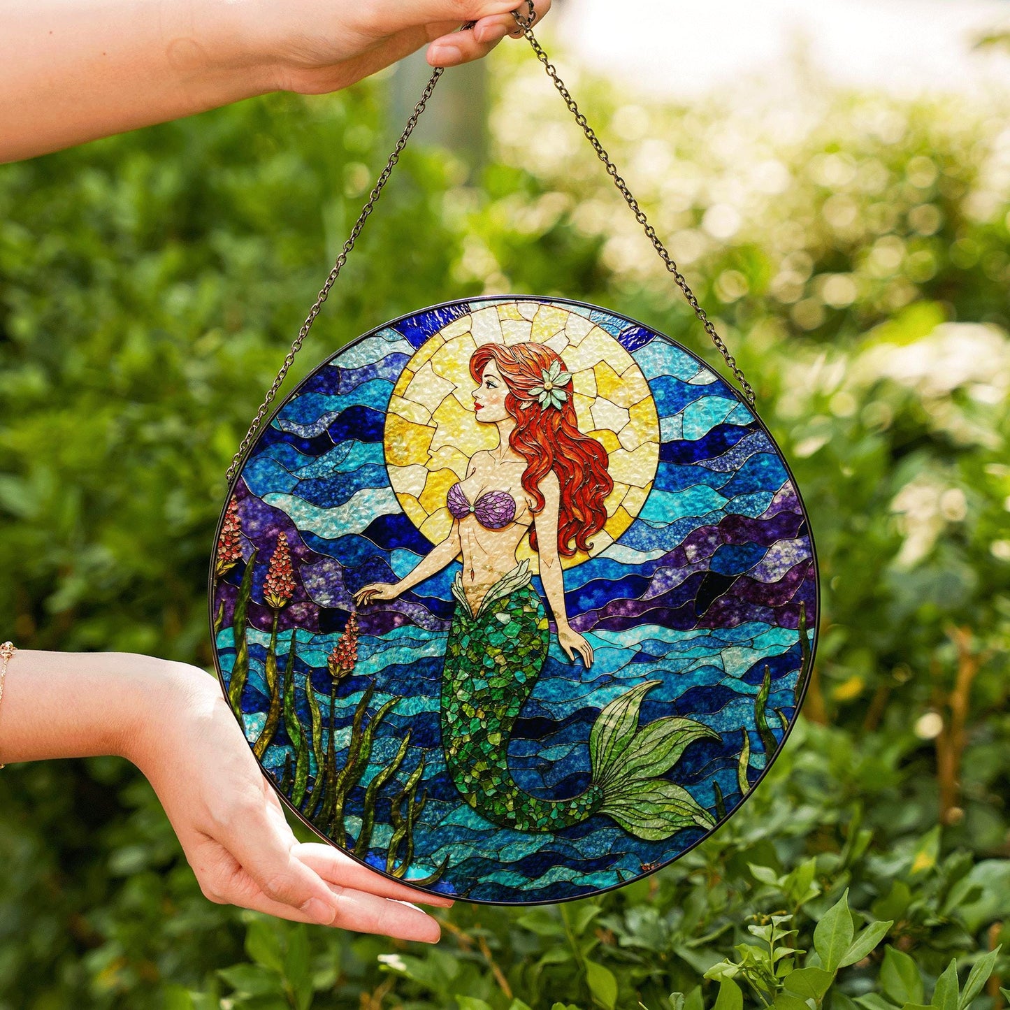 mermaid with red hair under sun in ocean waves stained glass suncatcher gift for sister