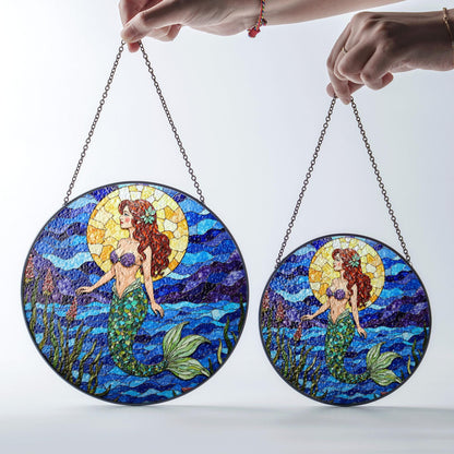 mermaid with red hair under sun in ocean waves stained glass suncatcher gift for sister
