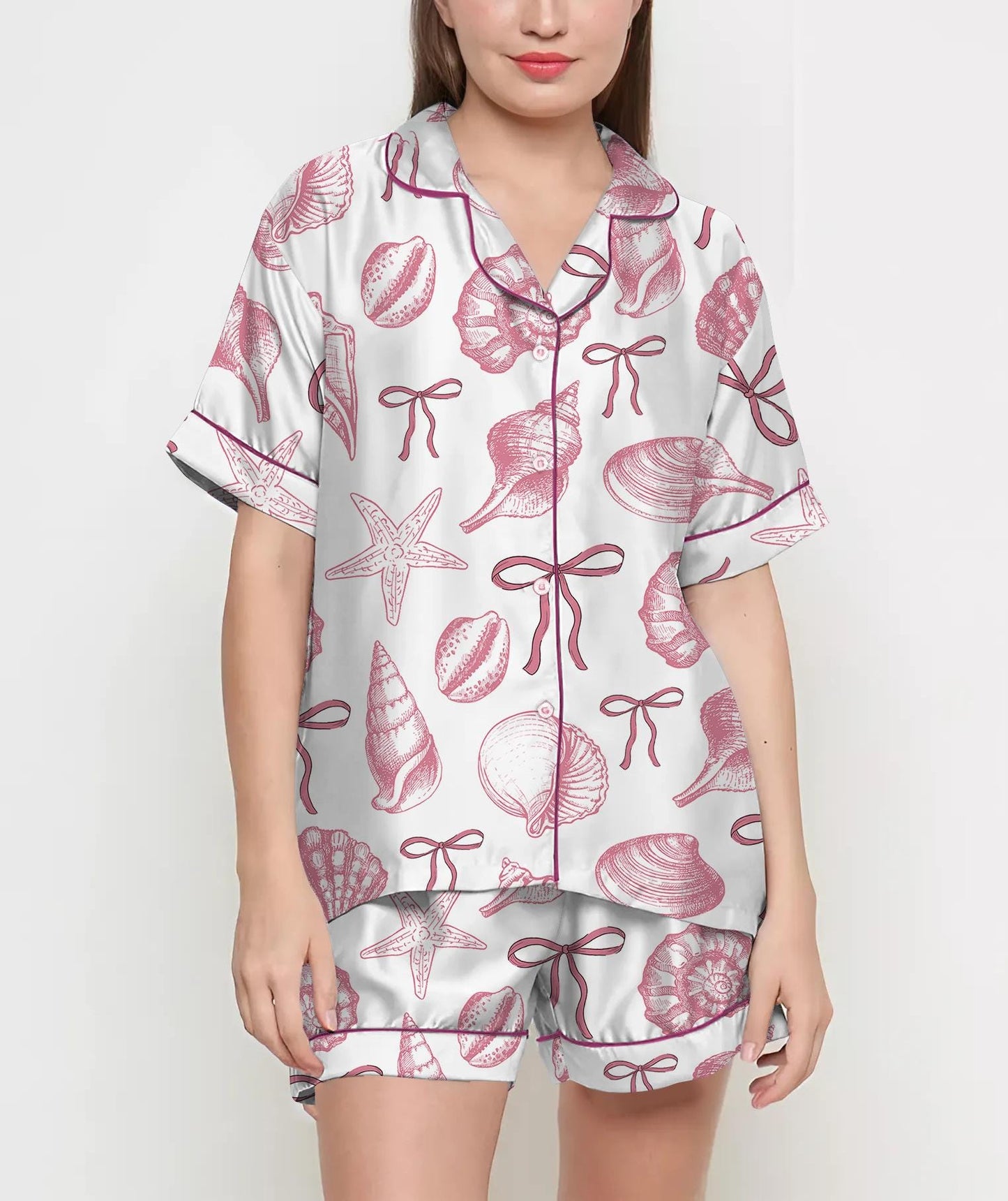 Coquette Seashell Pajamas Satin Set, Starfish and Coral Shirt, Mother's Day Gift, Birthday Gift, Pjs For Women, Bridesmaid Gifts