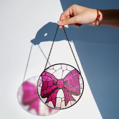 Pink Bow Stained Glass Window Hanging Round Suncatcher Gift for Her