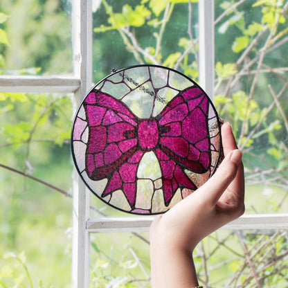Pink Bow Stained Glass Window Hanging Round Suncatcher Gift for Her