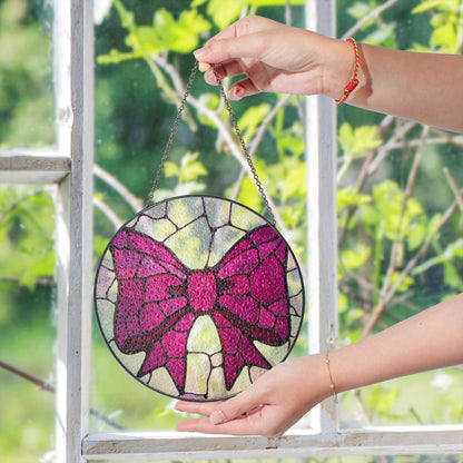 Pink Bow Stained Glass Window Hanging Round Suncatcher Gift for Her