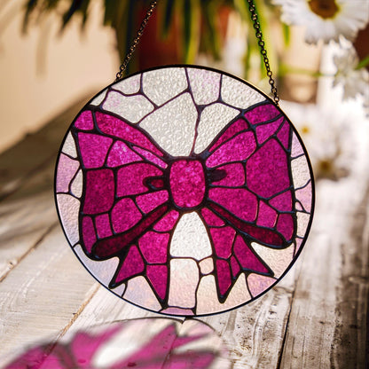 Pink Bow Stained Glass Window Hanging Round Suncatcher Gift for Her