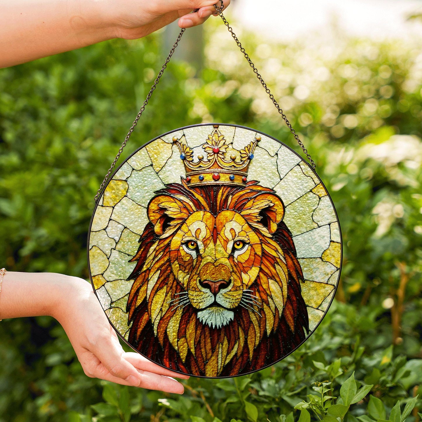 Crowned Lion King Stained Glass Window Art Regal Animal Suncatcher Gift for Him
