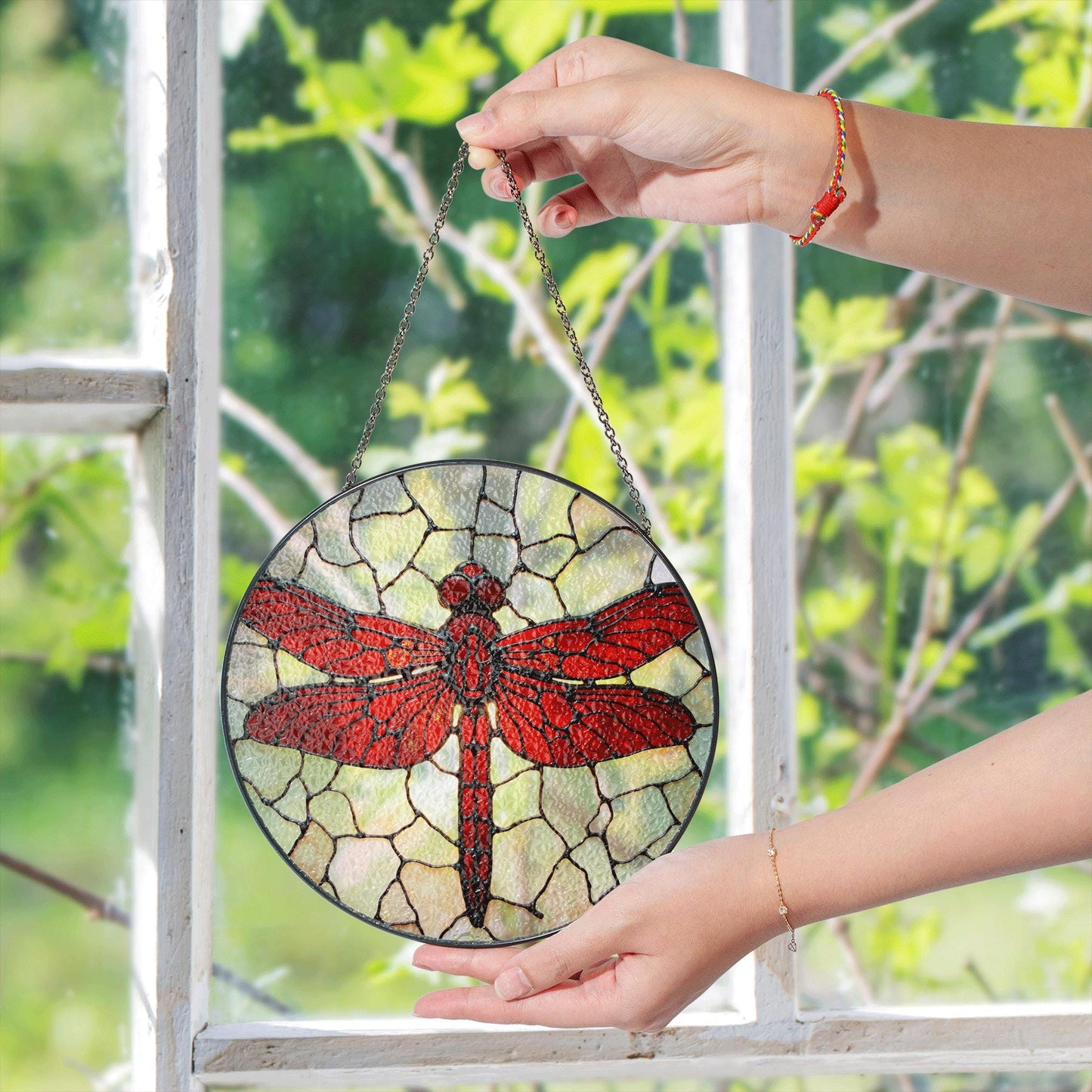 Red Dragonfly Stained Glass Window Hanging Suncatcher Nature Decor Gift for Mom or Nature Lover