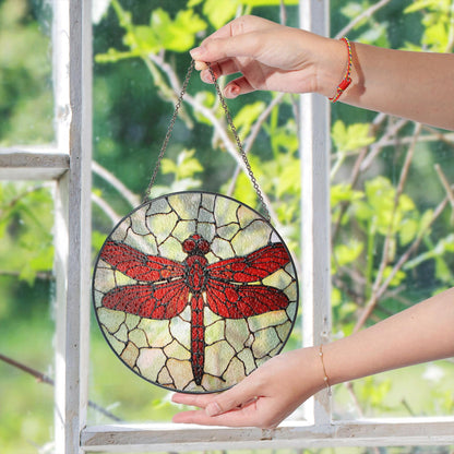 Red Dragonfly Stained Glass Window Hanging Suncatcher Nature Decor Gift for Mom or Nature Lover
