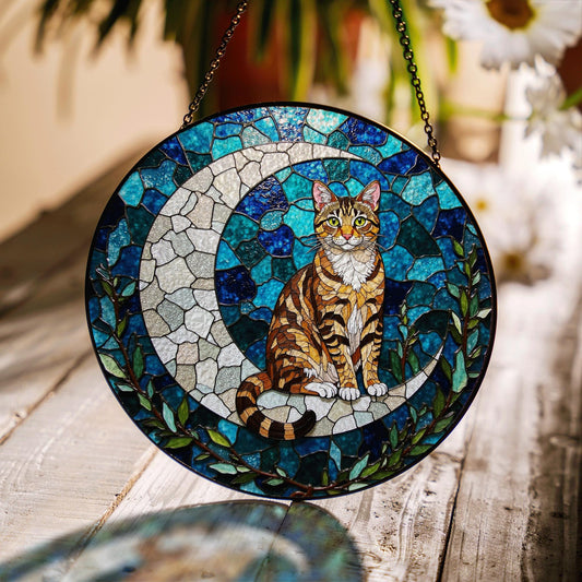 Tabby Cat on Crescent Moon Glass Suncatcher Handmade Window Decor Gift for Cat Lovers