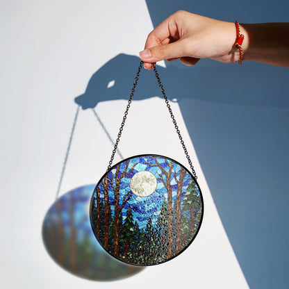 Moonlit forest scene glass suncatcher stained glass window hanging gift for nature lovers