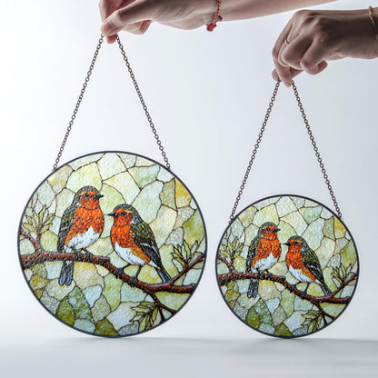 Two red robins on branch round suncatcher stained glass window decor gift for bird lovers