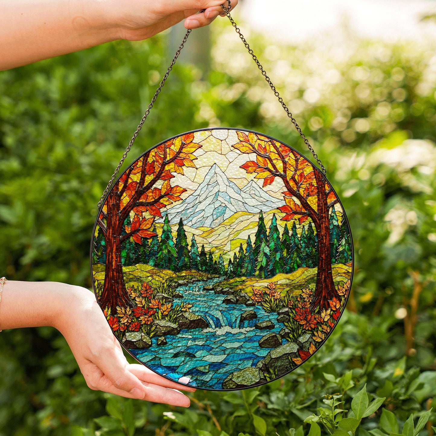 Autumn forest stream suncatcher stained glass mountain river panel gift for outdoor nature lover