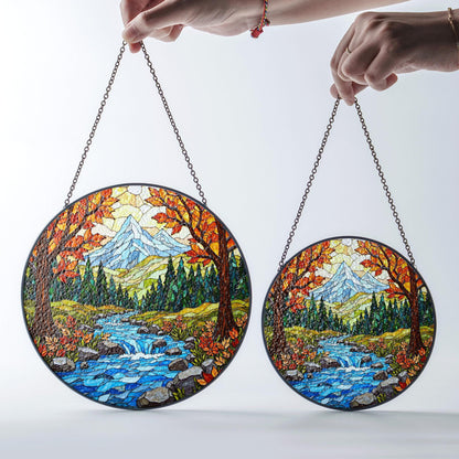 Autumn forest stream suncatcher stained glass mountain river panel gift for outdoor nature lover