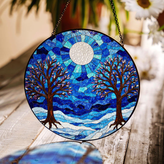 Winter trees under full moon blue stained glass round suncatcher window decor gift for nature lovers
