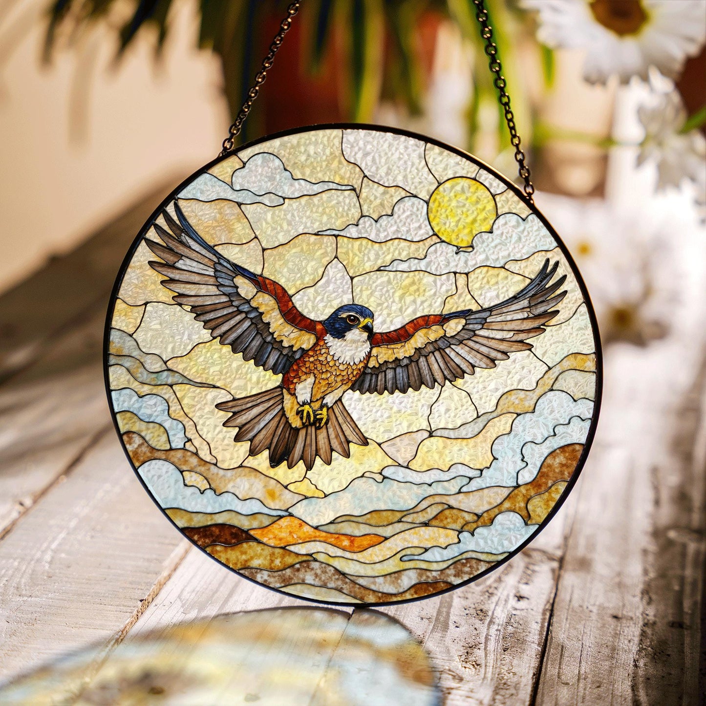 Flying hawk under sun stained glass bird suncatcher gift for dad