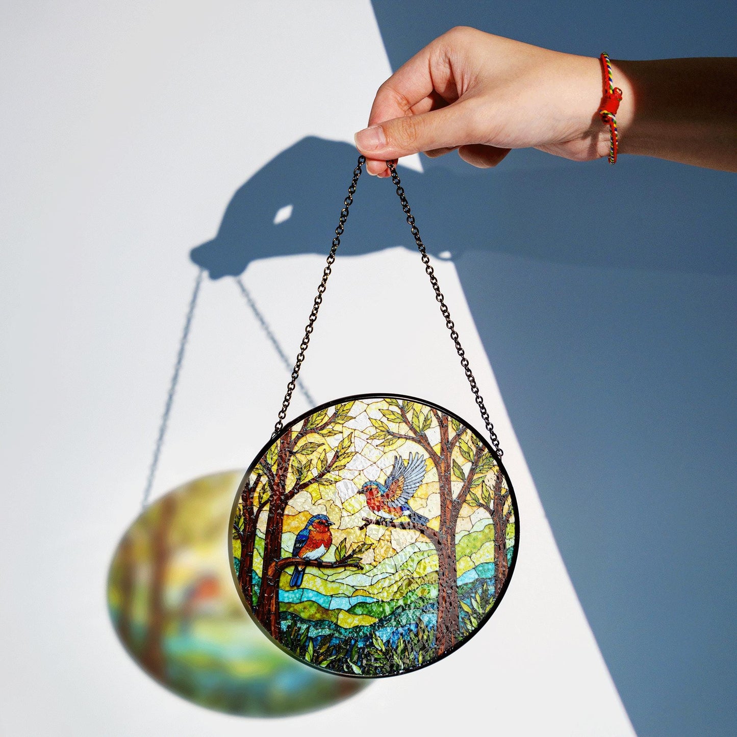 Bluebirds in forest round window suncatcher stained glass look gift for bird lovers
