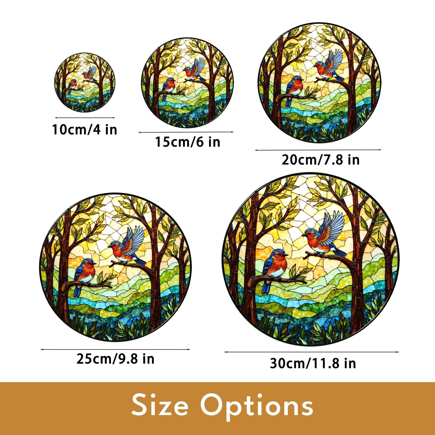 Bluebirds in forest round window suncatcher stained glass look gift for bird lovers