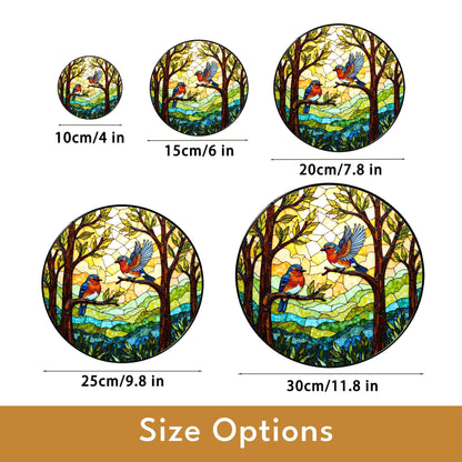 Bluebirds in forest round window suncatcher stained glass look gift for bird lovers