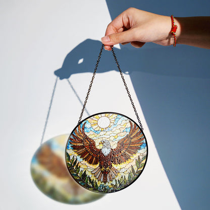 Bald Eagle Flying Stained Glass Round Panel Window Hanging Suncatcher Gift for Dad or Nature Lover