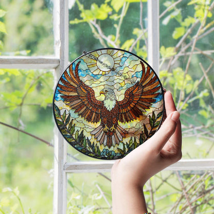 Bald Eagle Flying Stained Glass Round Panel Window Hanging Suncatcher Gift for Dad or Nature Lover