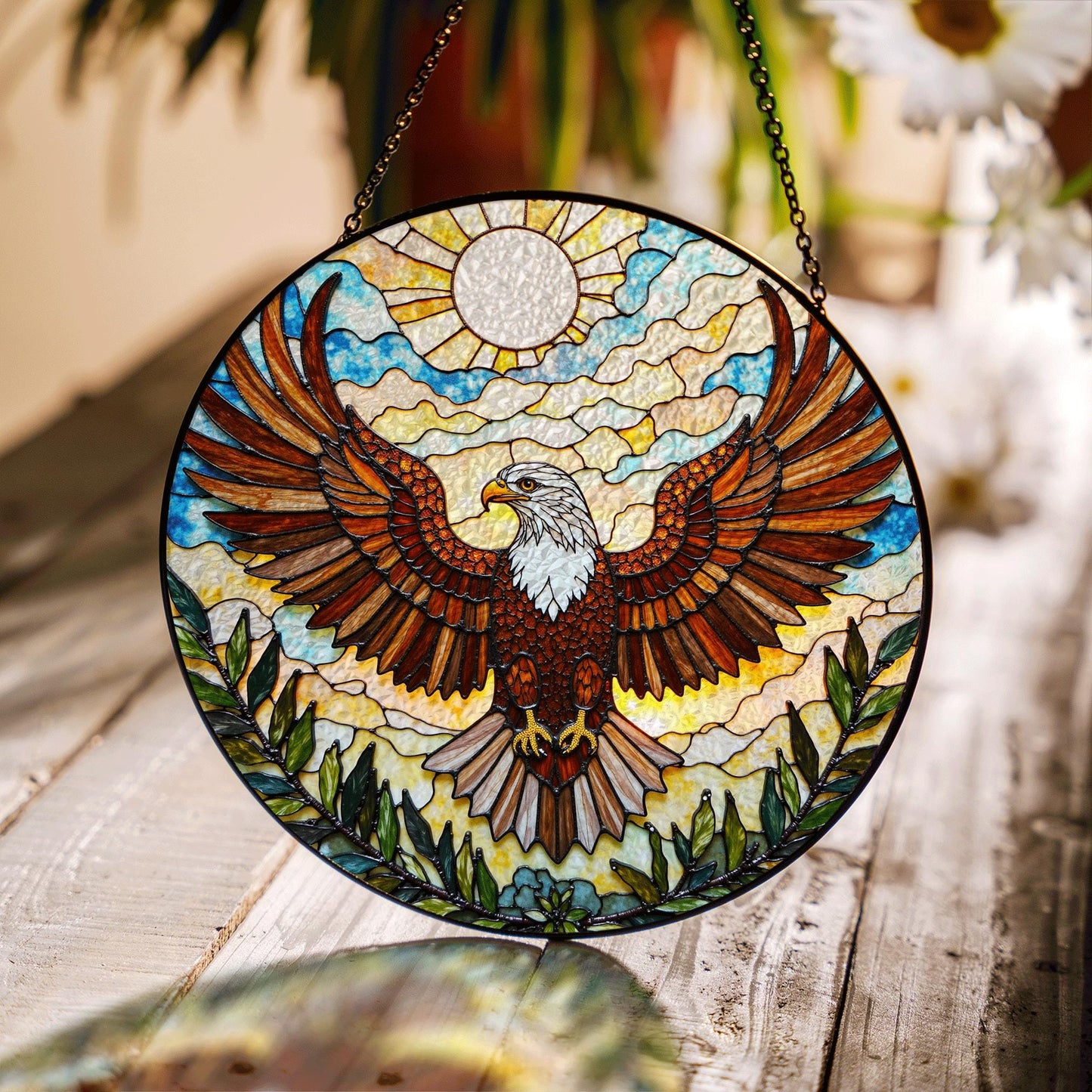 Bald Eagle Flying Stained Glass Round Panel Window Hanging Suncatcher Gift for Dad or Nature Lover