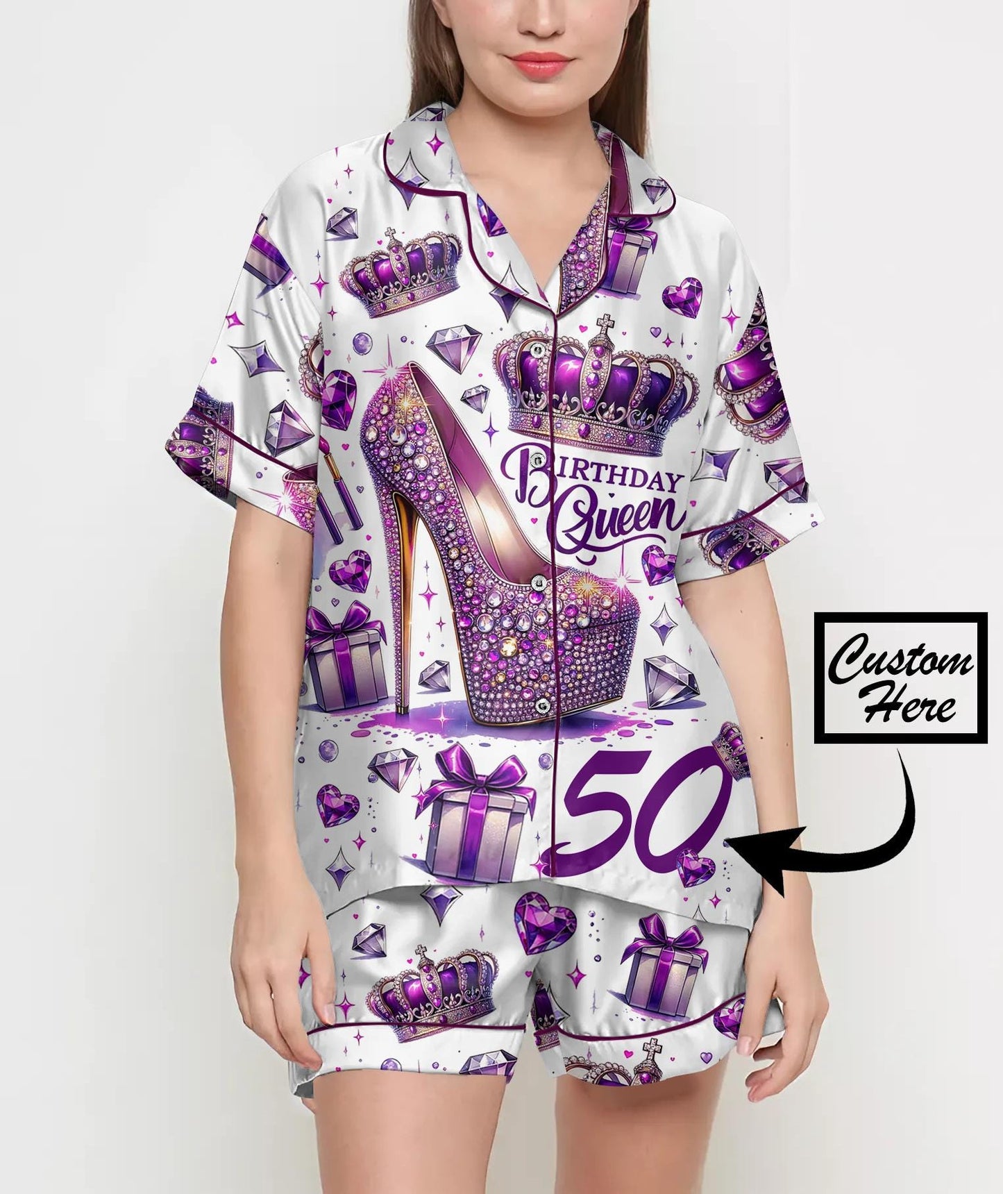 Birthday Queen Purple Pajamas Satin Set, Birthday Party, Mother Day Gift, Birthday Gift, Bridesmaid Gift, Coquette Pjs, Crown Birthday Girl