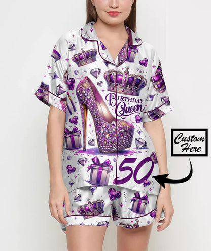 Birthday Queen Purple Pajamas Satin Set, Birthday Party, Mother Day Gift, Birthday Gift, Bridesmaid Gift, Coquette Pjs, Crown Birthday Girl
