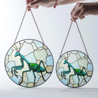 Green praying mantis glass art round suncatcher stained insect decor gift for nature lover dad