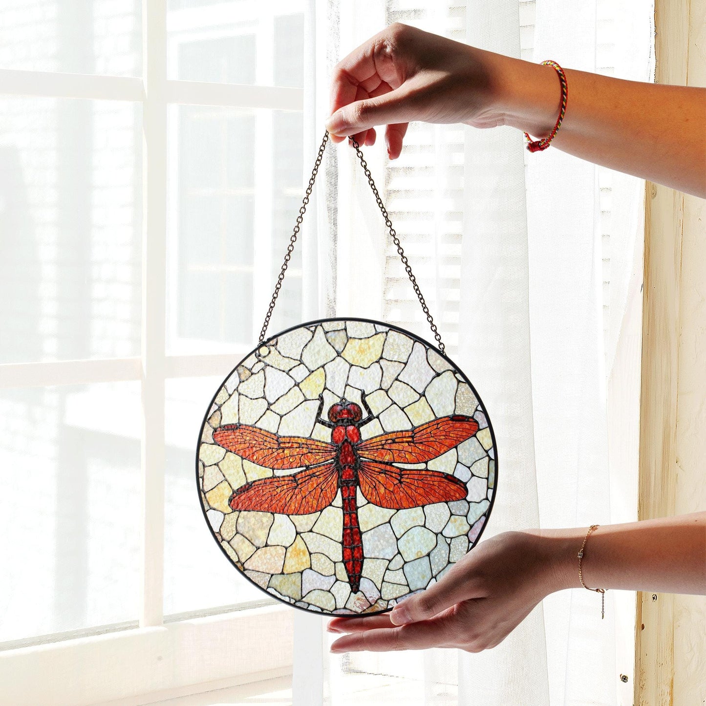 Red dragonfly stained glass window suncatcher nature decor for mom dad or garden lovers