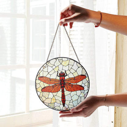 Red dragonfly stained glass window suncatcher nature decor for mom dad or garden lovers