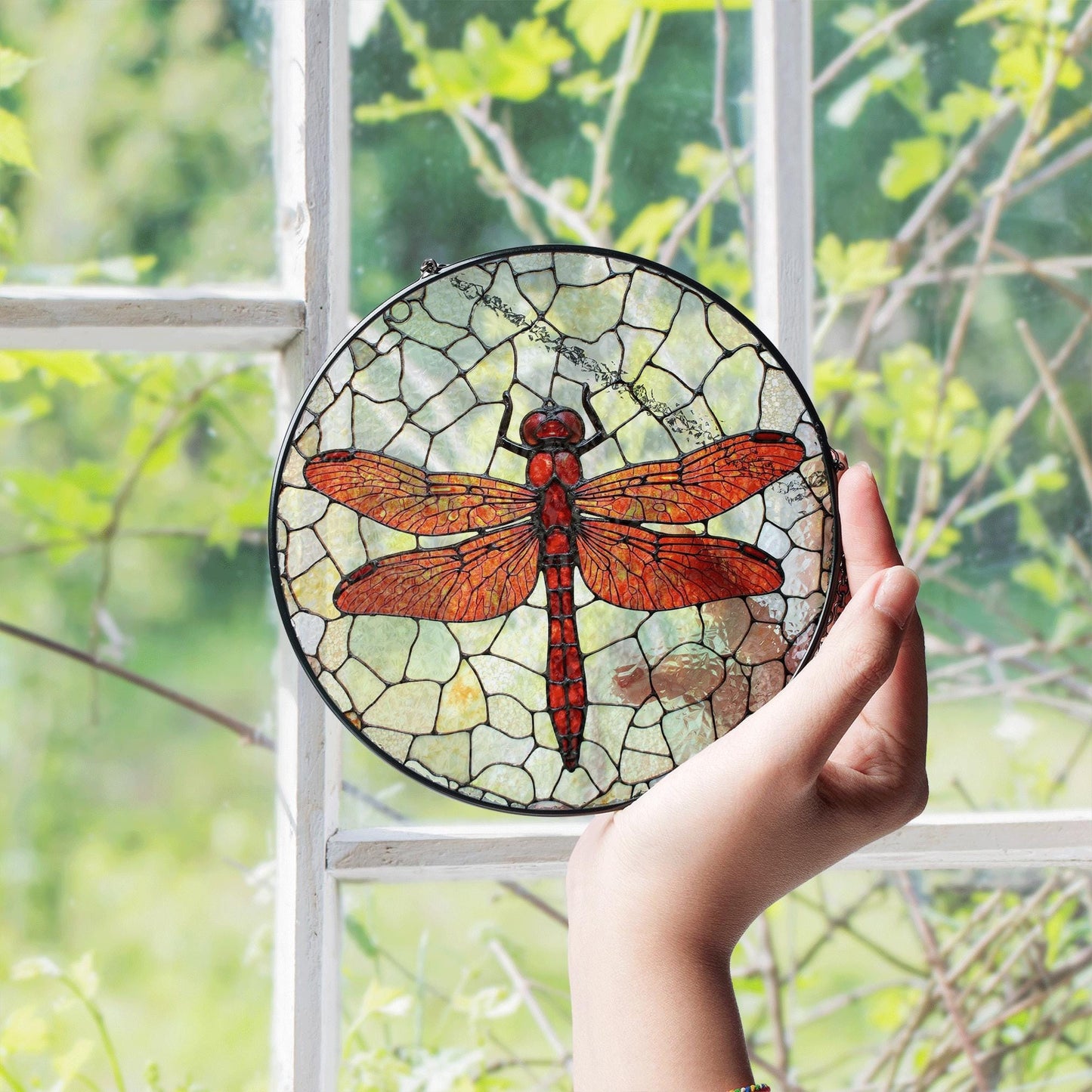 Red dragonfly stained glass window suncatcher nature decor for mom dad or garden lovers