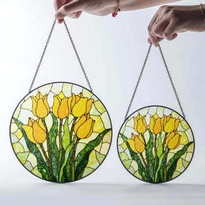 Yellow Tulip Bloom Stained Glass Window Decor Garden Sun Catcher Gift for Mom