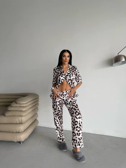 Satin Leopard Print Pajama Set with Long Pants and Short Sleeve Shirt – Fierce and Chic Loungewear for Bold Comfort, Pajama Set for Women